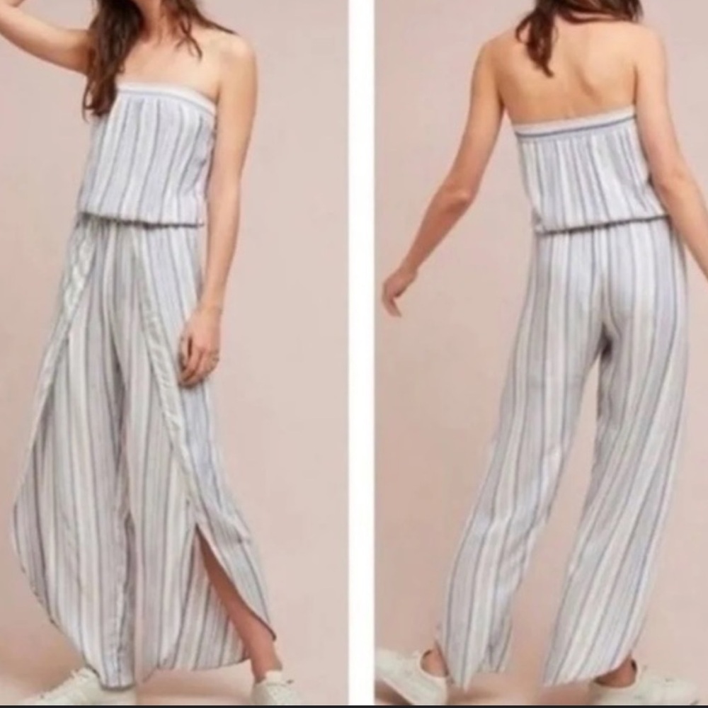 Anthropologie DREW Emerson Strapless Striped Gray Jumpsuit Size M Wide Leg Linen